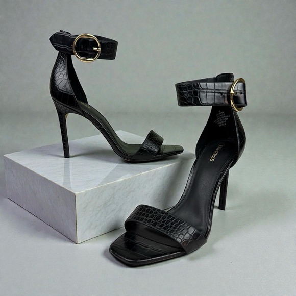 Express Shoes - Express Black Croc Embossed Ankle Strap Stiletto Heels – Size 10